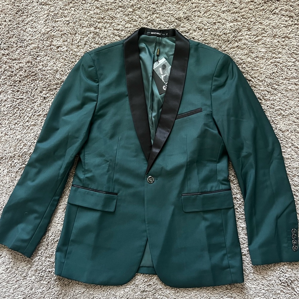 Men's Dark Green Satin-Trim Tuxedo Blazer